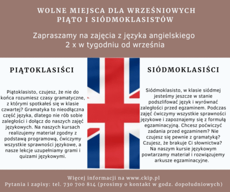 Wolne miejsca na angielski dla wrześniowych piątoklasistów i siódmoklasistów!
