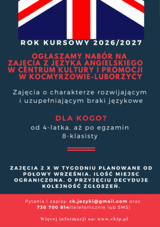 Ogłaszamy nabór na&nbsp;zajęcia z&nbsp;języka angielskiego w&nbsp;naszym Centrum Kultury i&nbsp;Promocji na&nbsp;rok kursowy 2026/2027