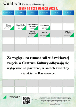 Informacja o&nbsp;zajęciach – grafik wakacyjny